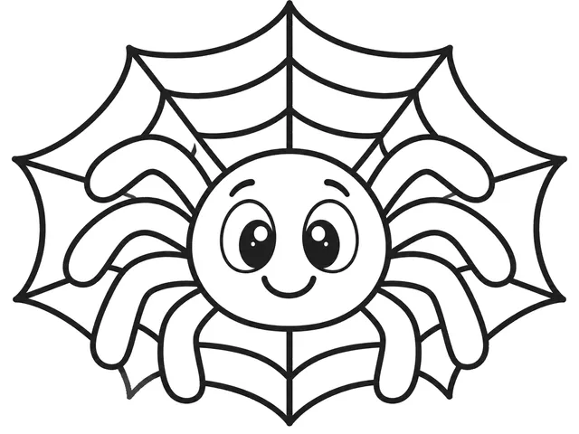 Spider and Web Friend black-and-white printable coloring page for Toddler, friendly round spider with broad legs and simple web
