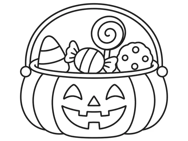 Halloween Treats black-and-white printable coloring page for Toddler, pumpkin treat basket with four oversized Halloween treats