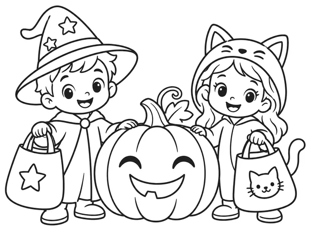 Trick-or-Treat Friends black-and-white printable coloring page for Kids, two friendly costume children with treat bags and pumpkin