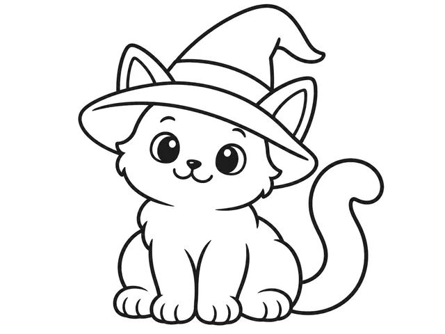 Cat in a Witch Hat black-and-white printable coloring page for Toddler, plump kitten wearing a large rounded witch hat