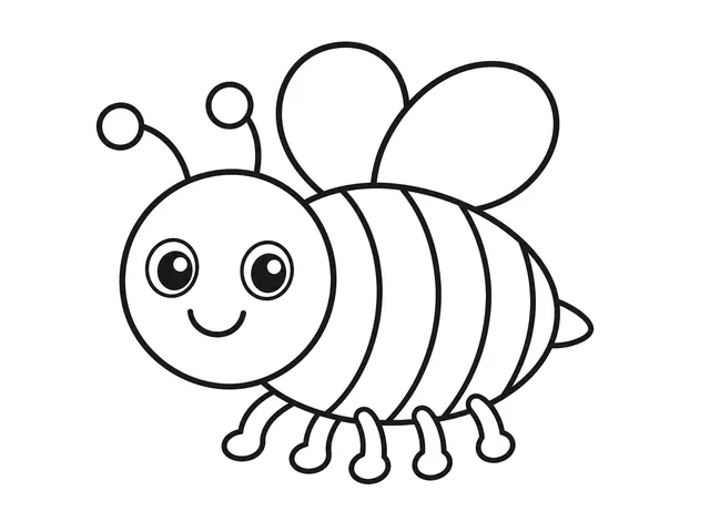 Bumblebee black-and-white printable coloring page for Toddler, friendly bumblebee with clear stripes and broad wings