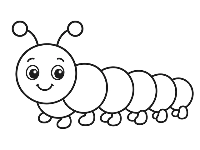 Caterpillar black-and-white printable coloring page for Toddler, friendly caterpillar with round body sections beside a large leaf