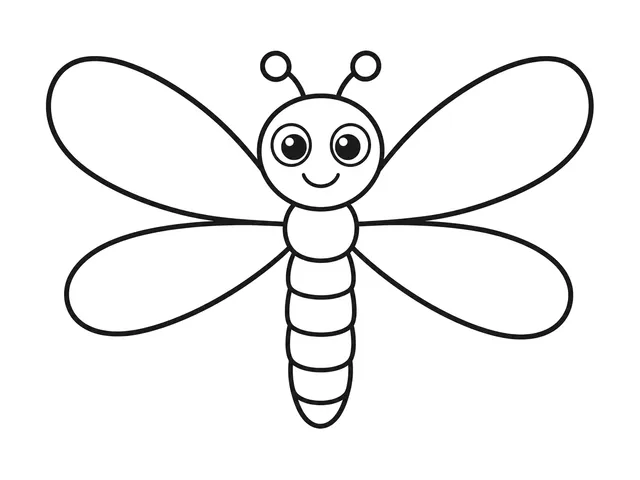 Dragonfly black-and-white printable coloring page for Preschool, dragonfly with four broad wings and a long simple body