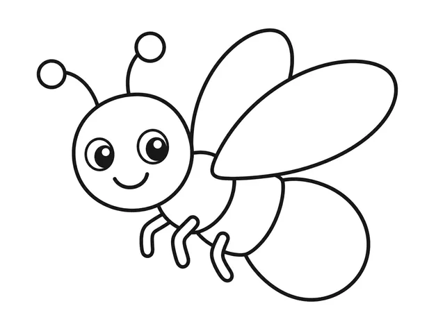Firefly black-and-white printable coloring page for Preschool, friendly firefly beside a large flower and crescent moon