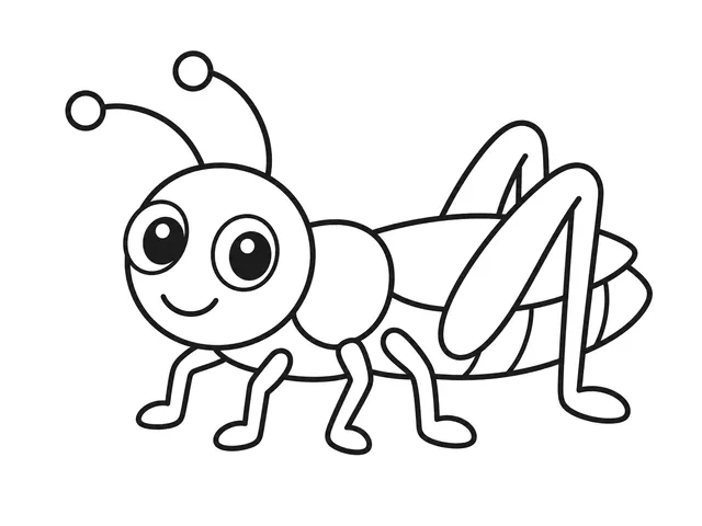 Grasshopper black-and-white printable coloring page for Preschool, cheerful grasshopper with large back legs and a broad leaf