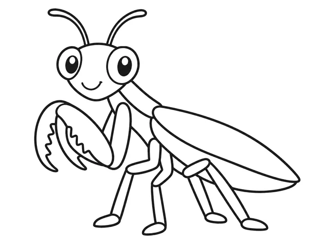 Praying Mantis black-and-white printable coloring page for Preschool, Mantis with a clear head, long body, and folded front legs.