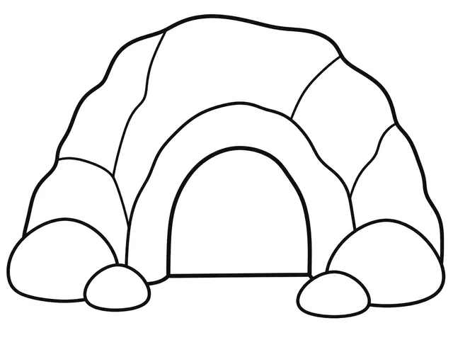 Cave black-and-white printable coloring page for Preschool, Hillside cave with a large, easy-to-see opening.