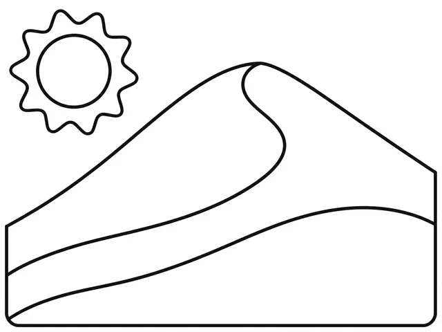 Desert Dune black-and-white printable coloring page for Preschool, Wide curved dune with sparse desert plants.
