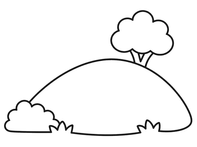 Hill black-and-white printable coloring page for Toddler, simple landscape with a broad rounded hill