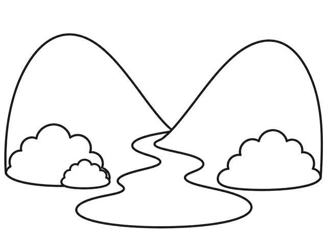 Valley black-and-white printable coloring page for Preschool, Open landscape with a wide valley between hills.