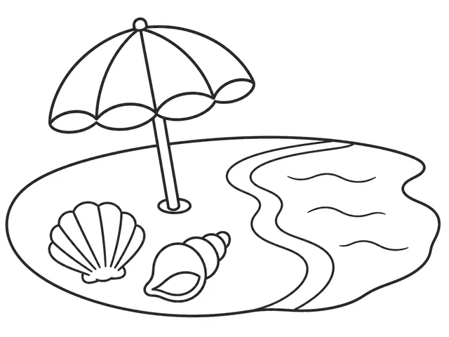 Beach black-and-white printable coloring page for Preschool, simple beach with broad sand, water, shell, and shoreline