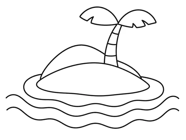 Island black-and-white printable coloring page for Preschool, small island with broad water, shore, and a simple palm tree