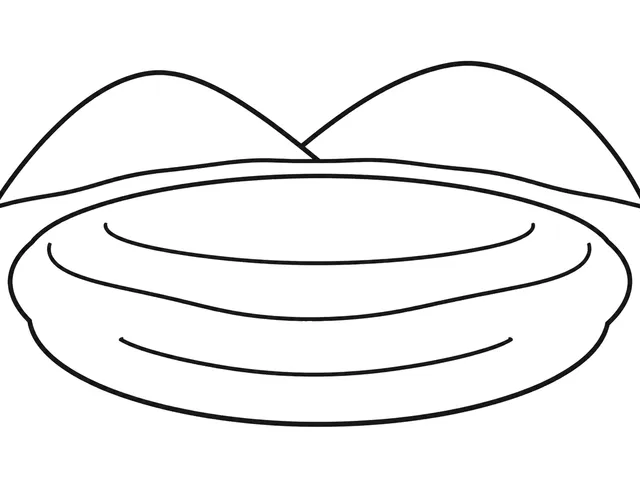 Lake black-and-white printable coloring page for Preschool, wide calm lake between rounded hills with a simple shore