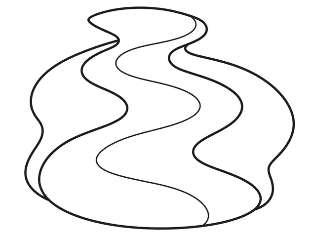 River black-and-white printable coloring page for Preschool, winding river between rounded banks with broad stone shapes