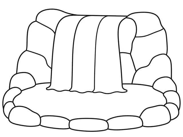 Waterfall black-and-white printable coloring page for Preschool, broad waterfall over a rounded ledge into a calm pool