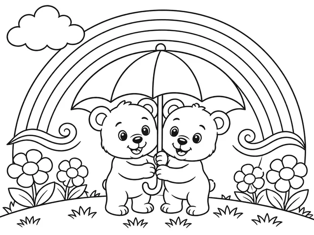Rainbow Umbrella Friends black-and-white printable coloring page for Preschool, Two friends sharing an umbrella under a broad rainbow.