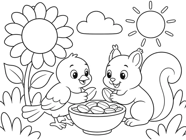 A Seed to Share black-and-white printable coloring page for Toddler, Bird and little garden friends gathered around one seed.