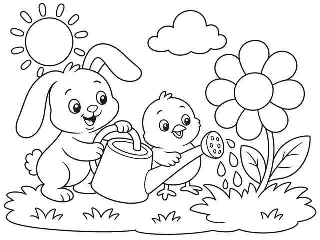 Watering Kindness black-and-white printable coloring page for Toddler, Bunny watering a flower among broad leaves and blooms.