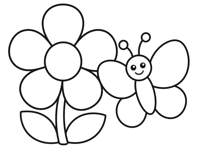 Butterfly Flower black-and-white printable coloring page for Preschool, friendly butterfly beside a large flower with bold enclosed shapes