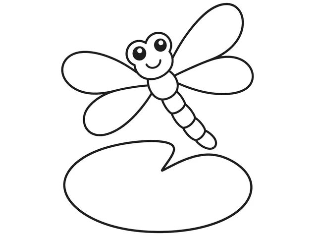 Dragonfly Pond black-and-white printable coloring page for Kids, friendly dragonfly with four broad wings above a large lily pad