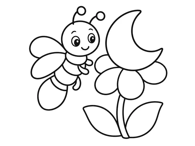 Firefly Flower black-and-white printable coloring page for Kids, smiling firefly beside a large flower and crescent moon