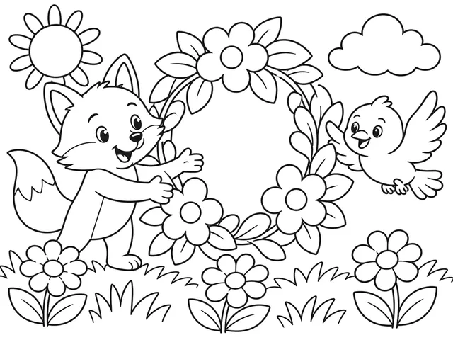 Welcome, Little Bird black-and-white printable coloring page for Preschool, Fox and bird together in a calm woodland clearing.
