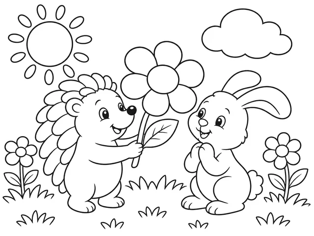 A Flower for a Friend black-and-white printable coloring page for Preschool, Hedgehog sharing one flower with a friend.