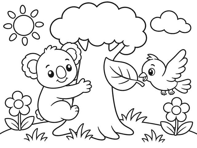 Tree Hug Friends black-and-white printable coloring page for Preschool, Koala embracing a tree with clear leafy shapes.