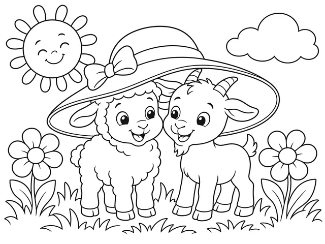 One Big Sun Hat black-and-white printable coloring page for Toddler, Two gentle farm friends sharing a broad sunhat.