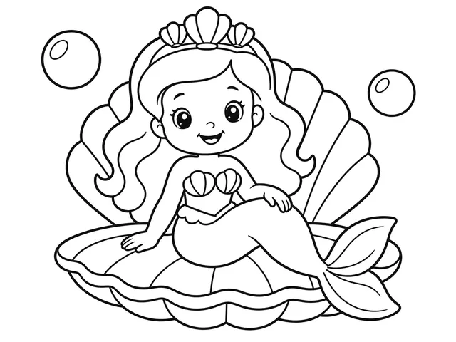 Mermaid Shell black-and-white printable coloring page for Kids, bold outlines and large easy-to-color shapes for a Mermaid Shell coloring page