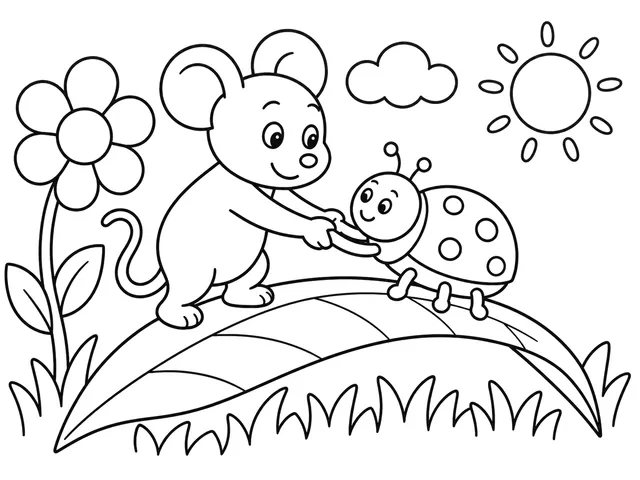 Leaf Bridge Help black-and-white printable coloring page for Preschool, Mouse and beetle beside a broad leaf bridge.