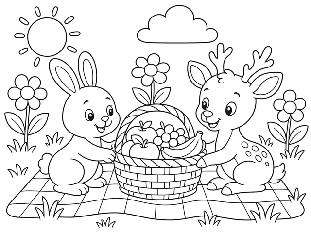 Picnic to Share black-and-white printable coloring page for Preschool, Rabbit and deer together at a small picnic.