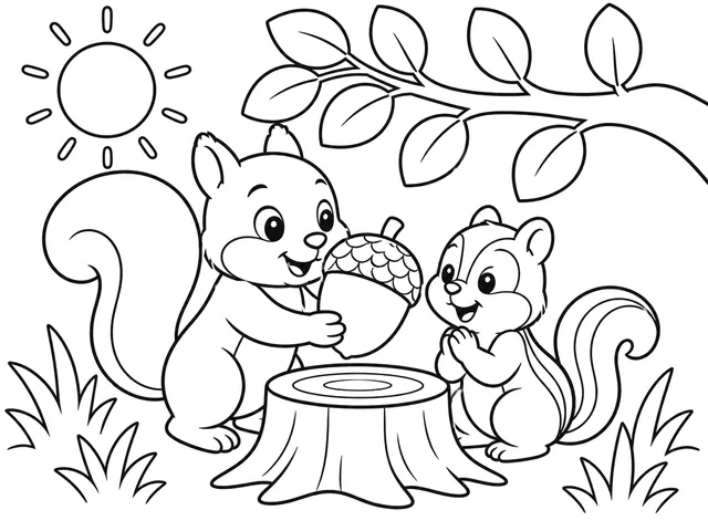 Acorn Gift black-and-white printable coloring page for Toddler, Squirrel sharing an acorn in a clear woodland scene.