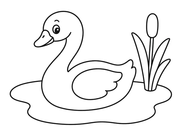 Swan Pond black-and-white printable coloring page for Kids, graceful swan with a long neck and clear pond setting