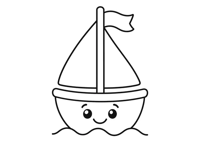 Toy Boat black-and-white printable coloring page for Toddler, Toy sailboat with a wide hull and large sail.