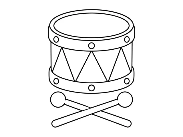 Toy Drum black-and-white printable coloring page for Toddler, Toy drum with two sticks and broad colorable bands.