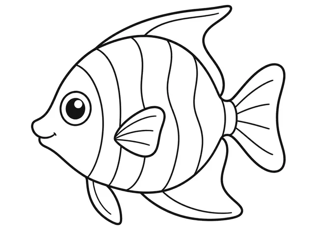 Angelfish black-and-white printable coloring page for Preschool, Angelfish with large fins and clear body bands.