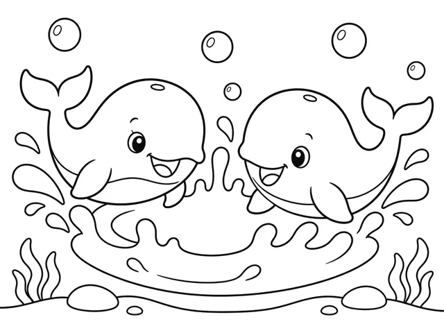 Baby Whale Splash black-and-white printable coloring page for Toddler, bold outlines and large easy-to-color shapes for a Baby Whale Splash coloring page