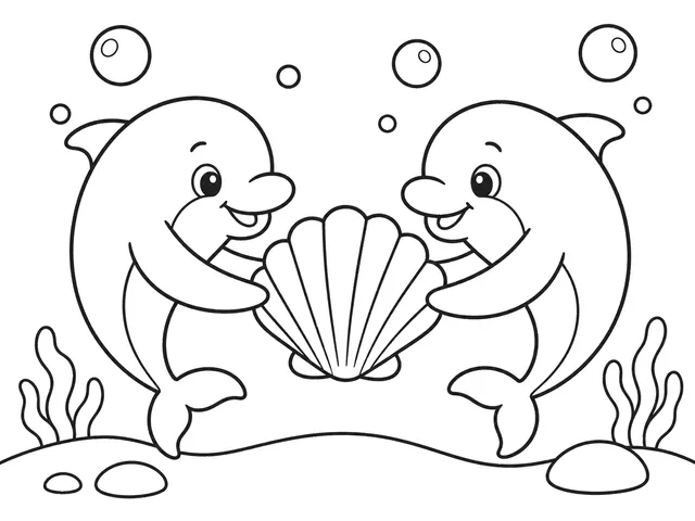 Dolphin Shell Game black-and-white printable coloring page for Toddler, bold outlines and large easy-to-color shapes for a Dolphin Shell Game coloring page