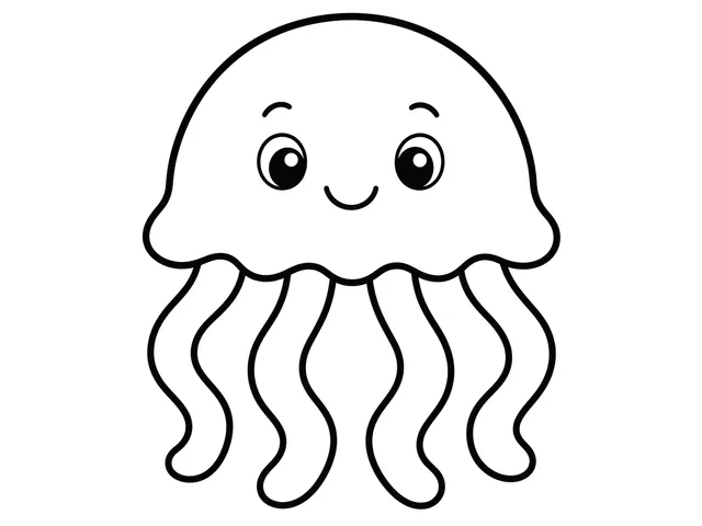Jellyfish black-and-white printable coloring page for Preschool, Jellyfish with a rounded bell and separated tentacles.