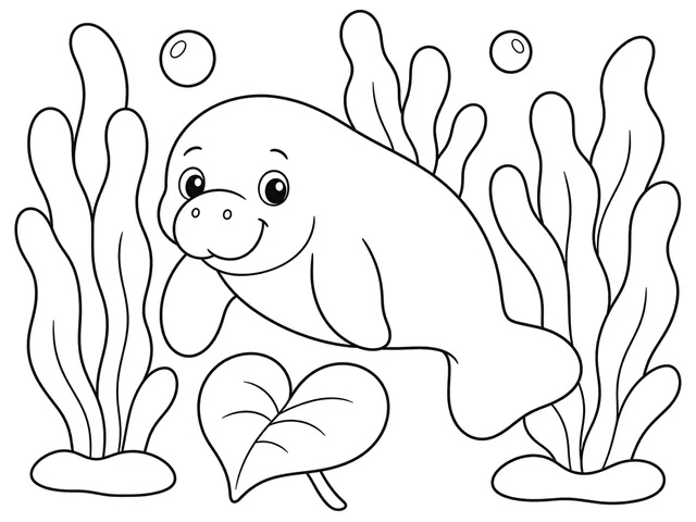 Manatee black-and-white printable coloring page for Preschool, bold outlines and large easy-to-color shapes for a Manatee coloring page