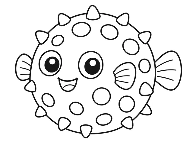 Pufferfish black-and-white printable coloring page for Preschool, Round fish with wide fins and large spots.