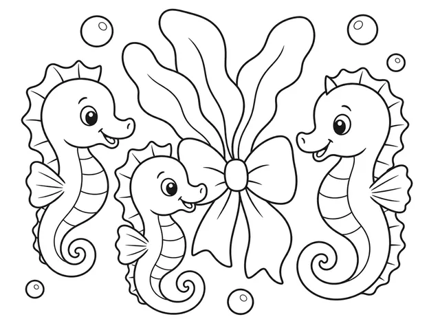 Seahorse Kelp Party black-and-white printable coloring page for Preschool, bold outlines and large easy-to-color shapes for a Seahorse Kelp Party coloring page
