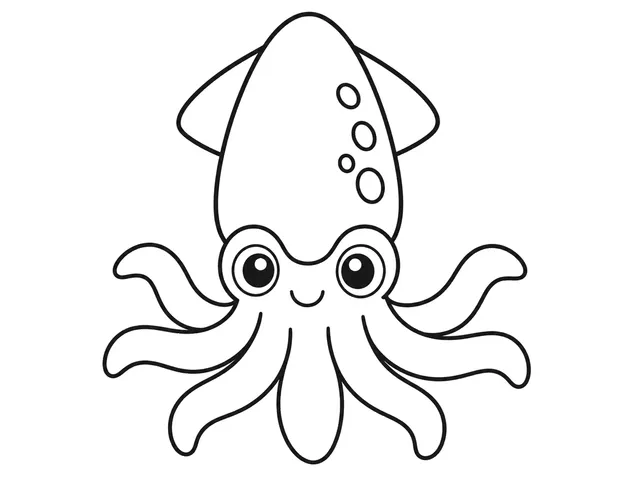 Squid black-and-white printable coloring page for Preschool, Squid with a clear mantle and separate arms.