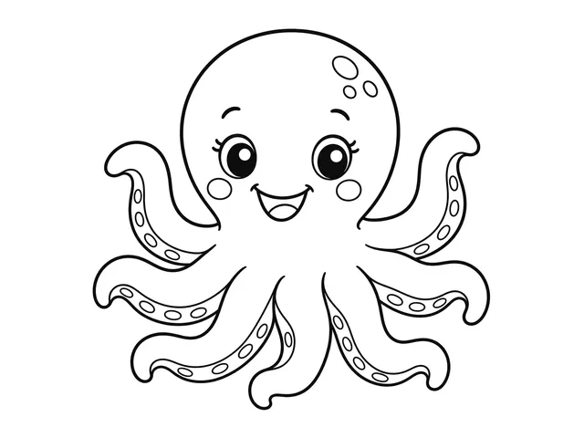 Octopus black-and-white printable coloring page for Preschool, friendly octopus with broad curling arms and a round head