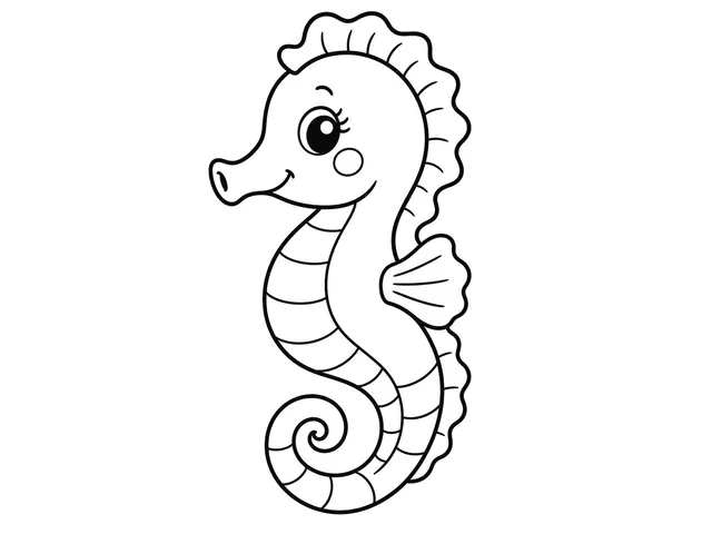 Seahorse black-and-white printable coloring page for Preschool, Seahorse with a curled tail and upright body.