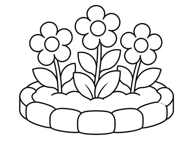 Flower Garden black-and-white printable coloring page for Toddler, Garden bed with clear flowers, stems, and leaves.