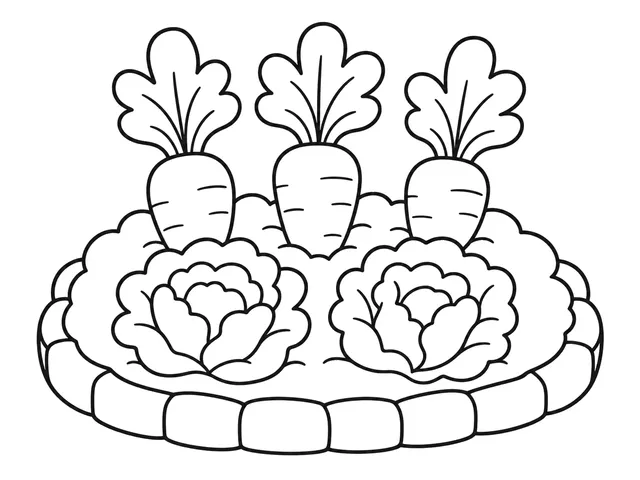Vegetable Garden black-and-white printable coloring page for Toddler, simple vegetable garden with a broad planting bed and large leafy shapes
