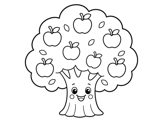 Apple Tree black-and-white printable coloring page for Preschool, apple tree with broad leaves and clear round fruit