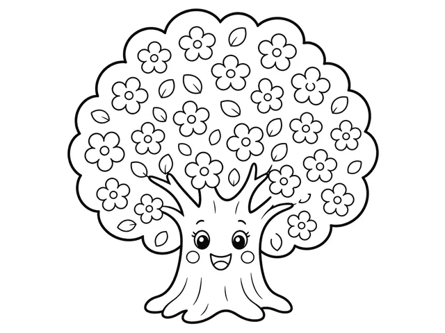 Blossom Tree black-and-white printable coloring page for Kids, storybook blossom tree with open flowers and a broad crown